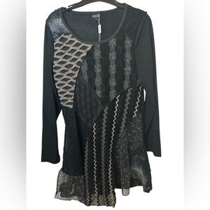 Fantazia Black and Gray Patchwork Mix Media LS Top NWT